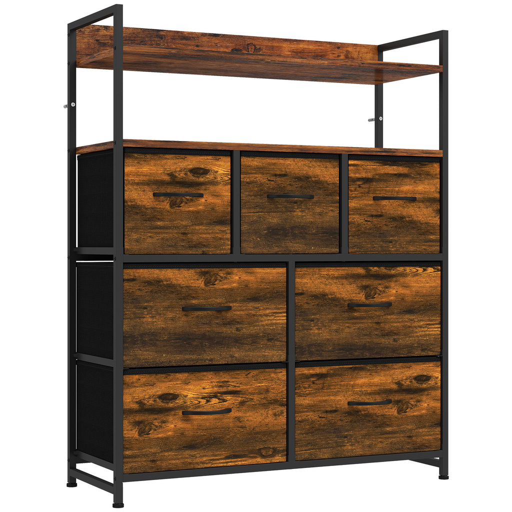 Meuble de rangement commode 7 tiroirs en tissu pliables et amovibles étagères ouvertes, brun rustique-0