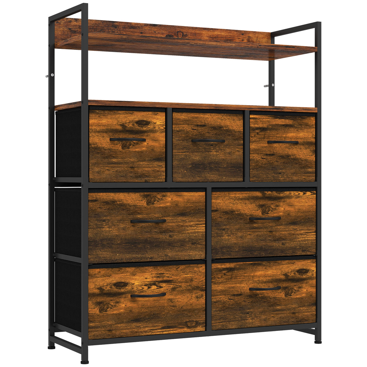 Meuble de rangement commode 7 tiroirs en tissu pliables et amovibles étagères ouvertes, brun rustique-0