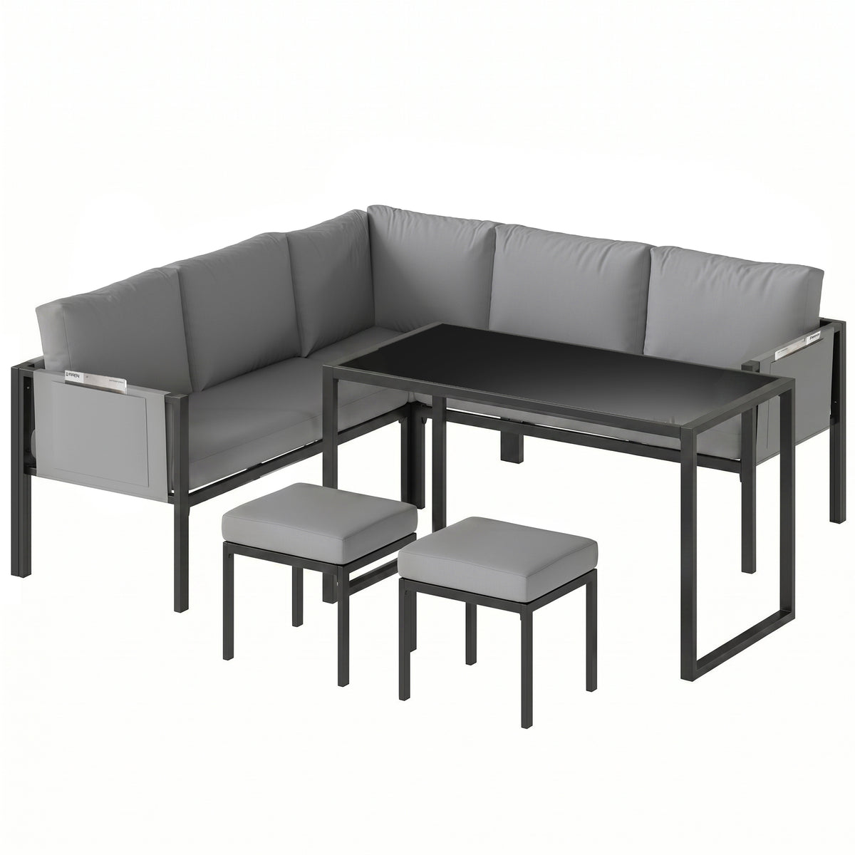 Salon de Jardin Canapé d'Angle Extérieur 6 Pièces Coussins 10cm Table Haute et 2 Repose-pieds Gris-0