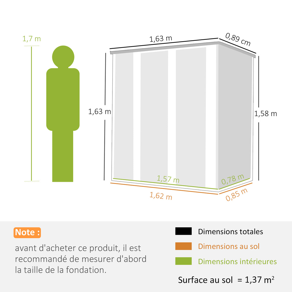 Abri de Jardin en Métal 1,37m², Toit Incliné, 2 Portes Verrouillables, Gants, Anti-UV, 163x89x163cm, Gris Foncé-2