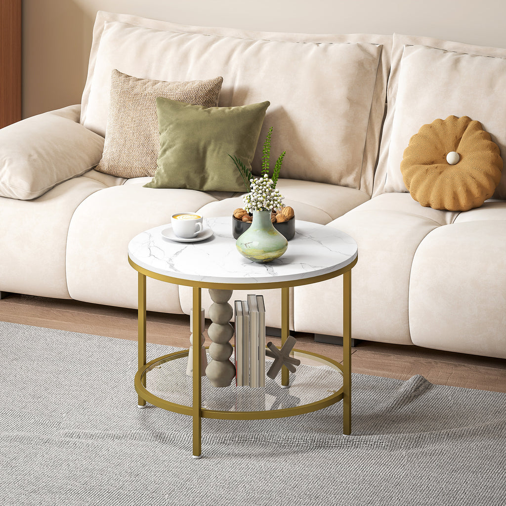 Table basse salon ronde moderne à 2 niveaux plateau effet marbre et étagère en verre trempé, Ø 60 x 45 cm, blanc et doré-9
