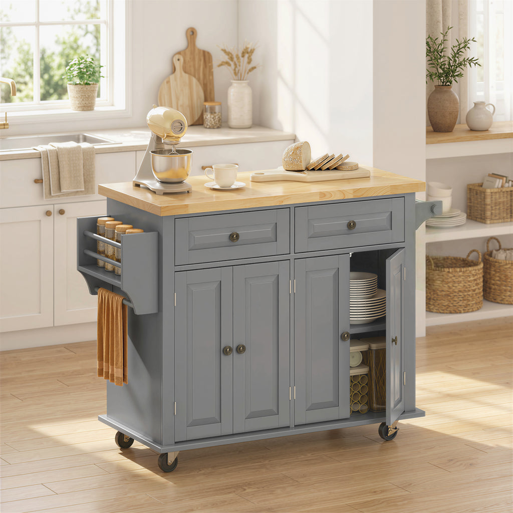 Desserte ilôt de cuisine multi rangements 2 tiroirs 2 placard 2 portes avec étagère range-bouteille-1
