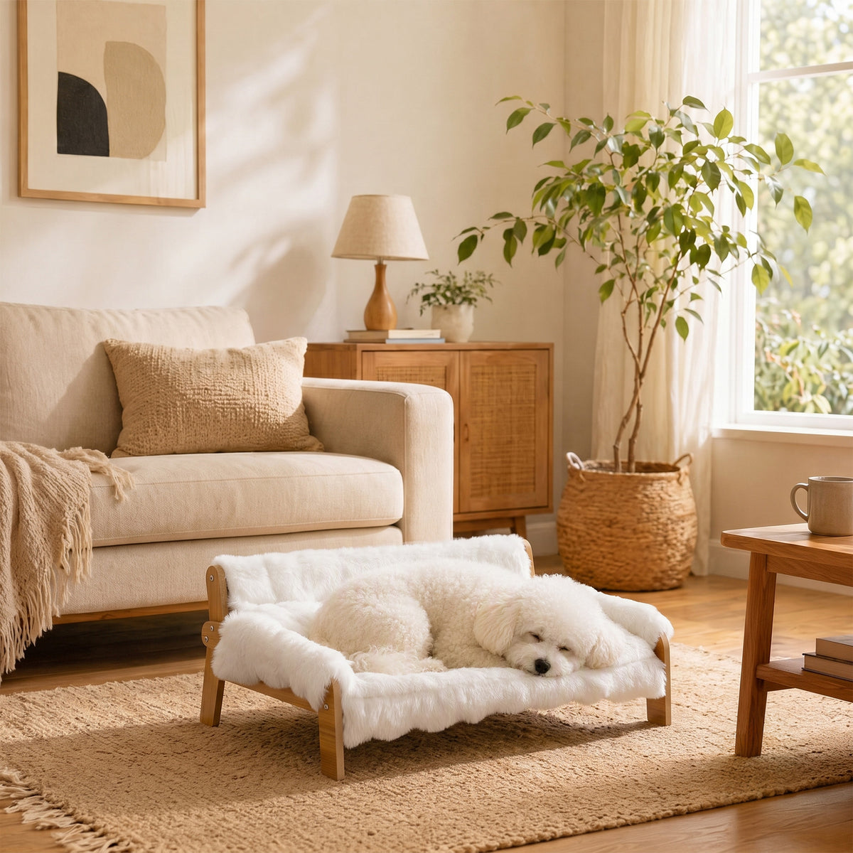 Canapé pour Chien Chat Lit Surélevé en Bois, Coussin Amovible en Peluche, Pieds Antidérapants, 70 x 47 x 30 cm, Blanc-9