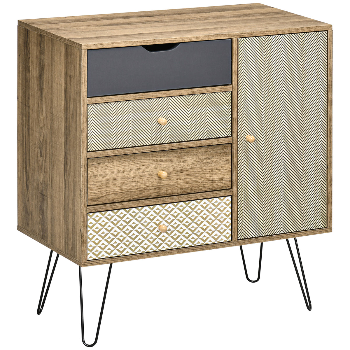 Meuble de rangement commode buffet 4 tiroirs 1 placard - pieds épingles à cheveux style bohème 79 x 39 x 86 cm marron-0