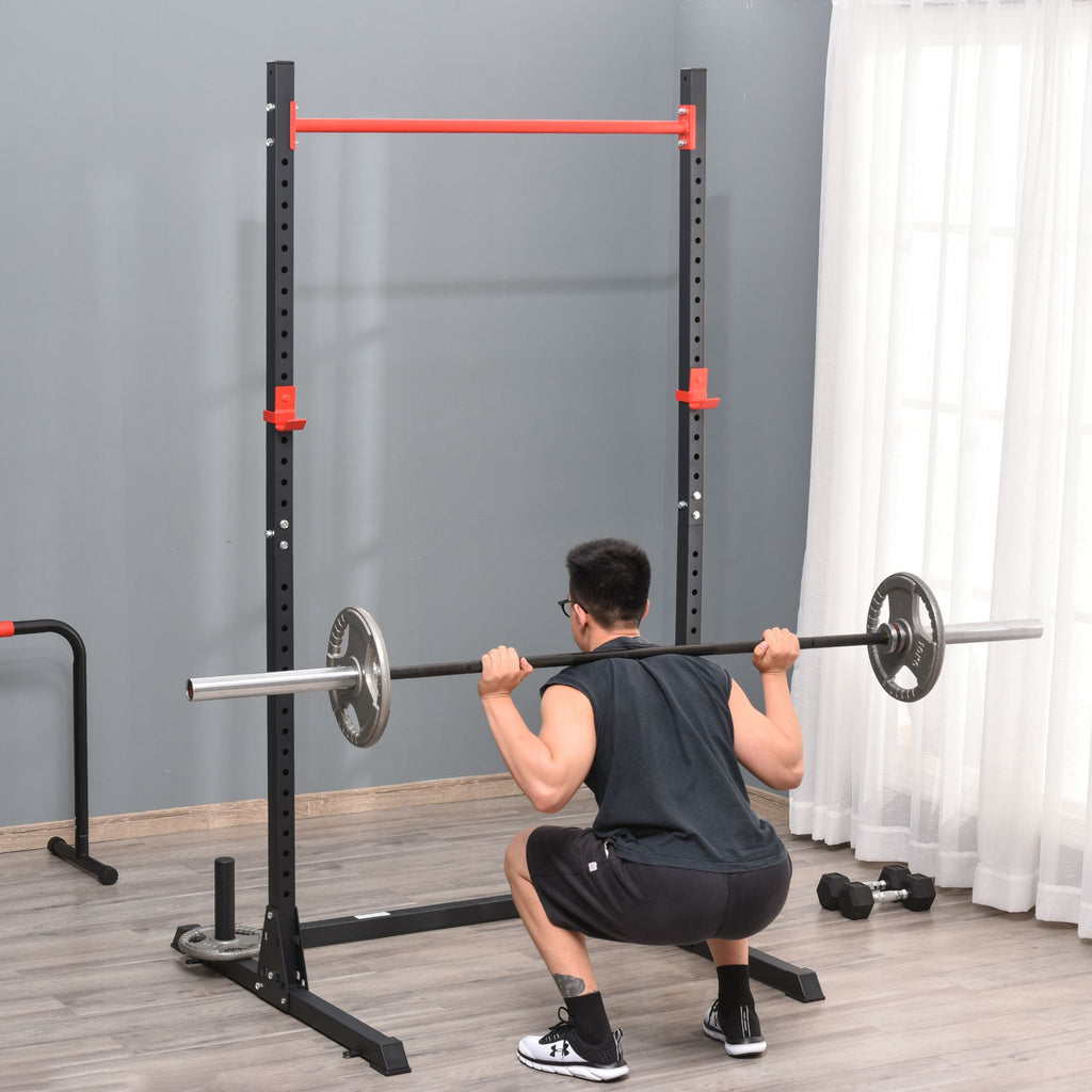 Squat Rack Réglable 32 Niveaux en Acier, Crochet, Barre de Traction, Base Antidérapante, 117,5x122x226cm, Noir-1