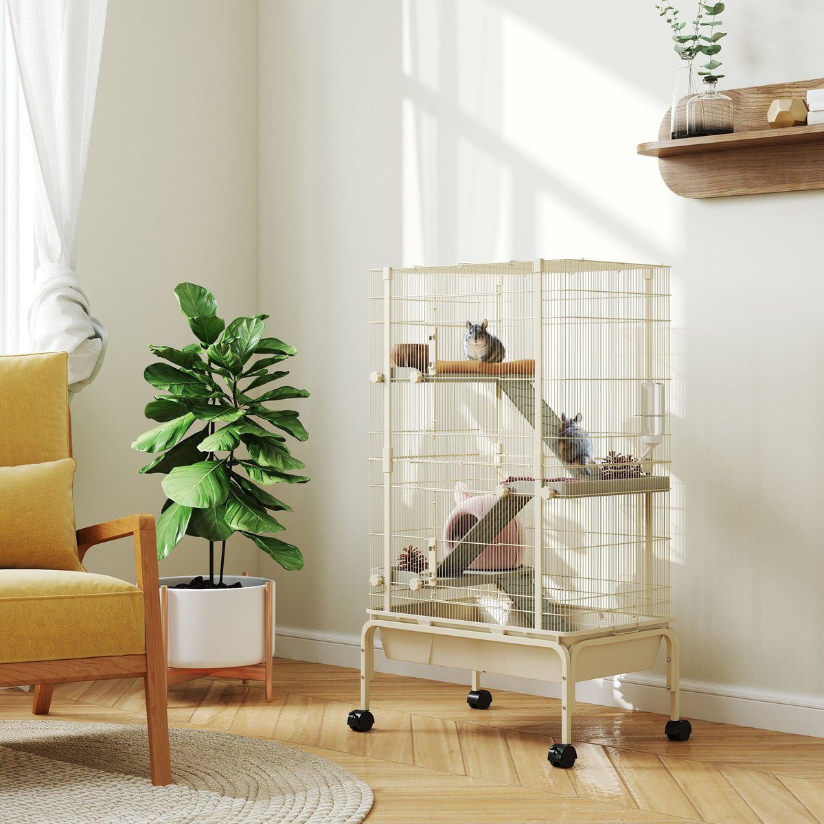 Cage pour lapin enclos à 4 niveaux avec 2 portes 3 rampes plateau profond roulettes 69 x 44 x 120 cm beige-1