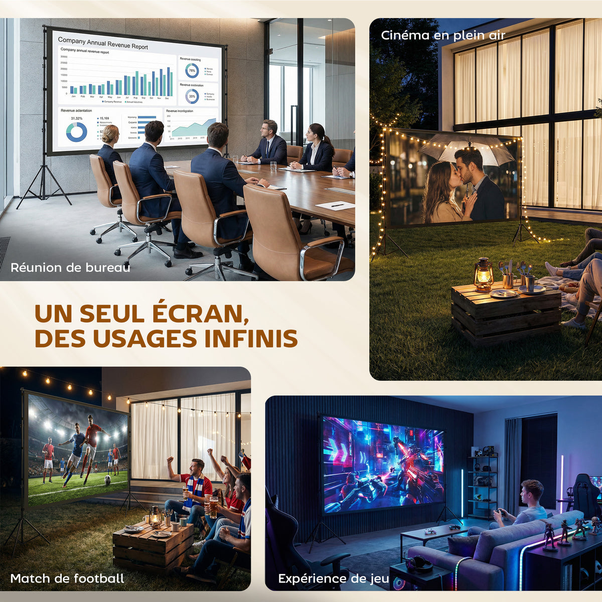 Écran de projection avec trépieds 120 pouces 16:9 HD 4K/8K, écran videoprojecteur portable, 309x62x217cm, blanc et noir-7