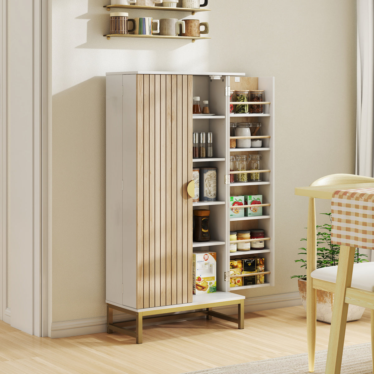 Armoire de cuisine meuble cuisine rangement avec 12 étagères à portes, étagères ajustables, 58x29x119,5cm, blanc-1