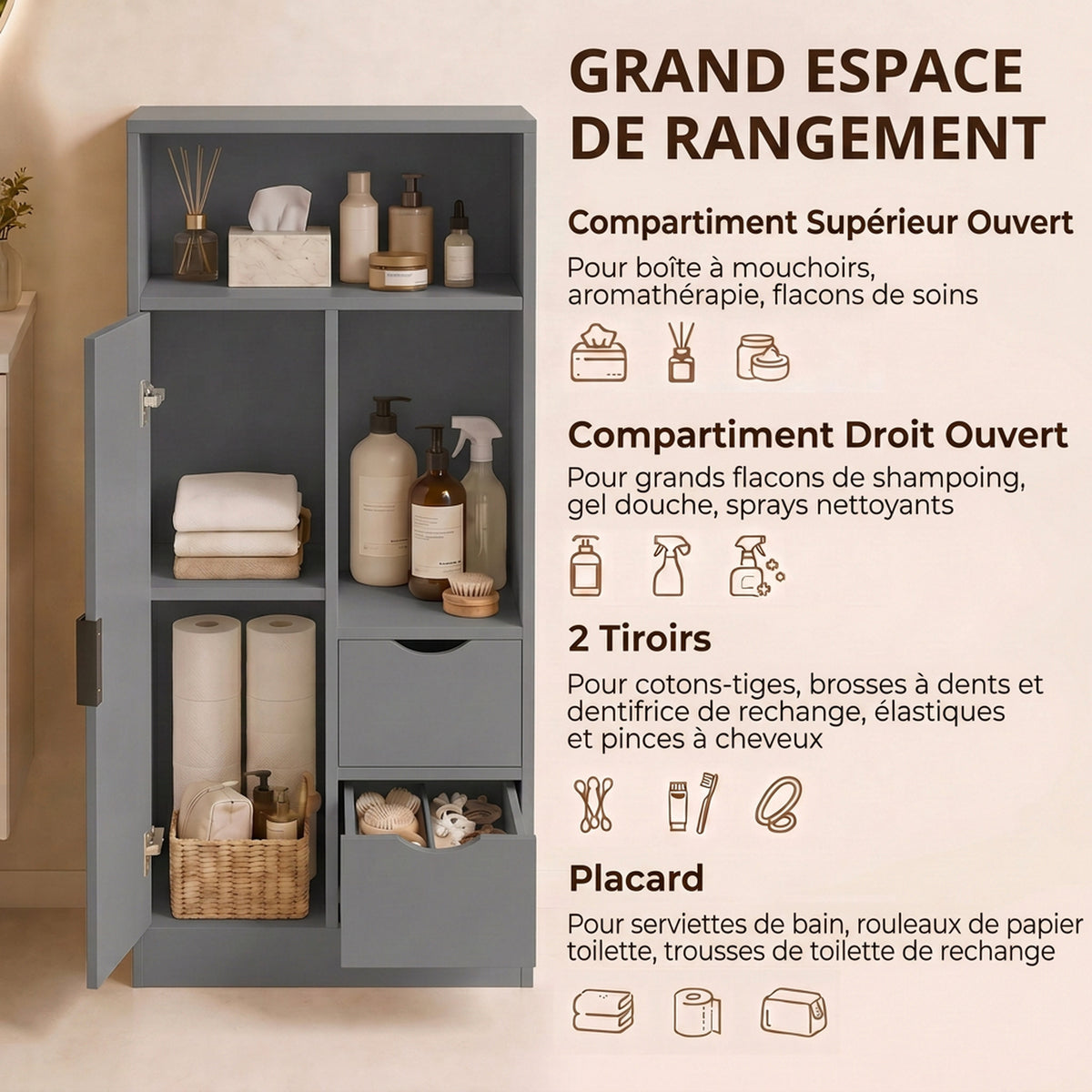 Meuble de salle de bain, meuble de rangement étroit avec 2 tiroirs, compartiments ouverts, 50x25x100cm, gris-3