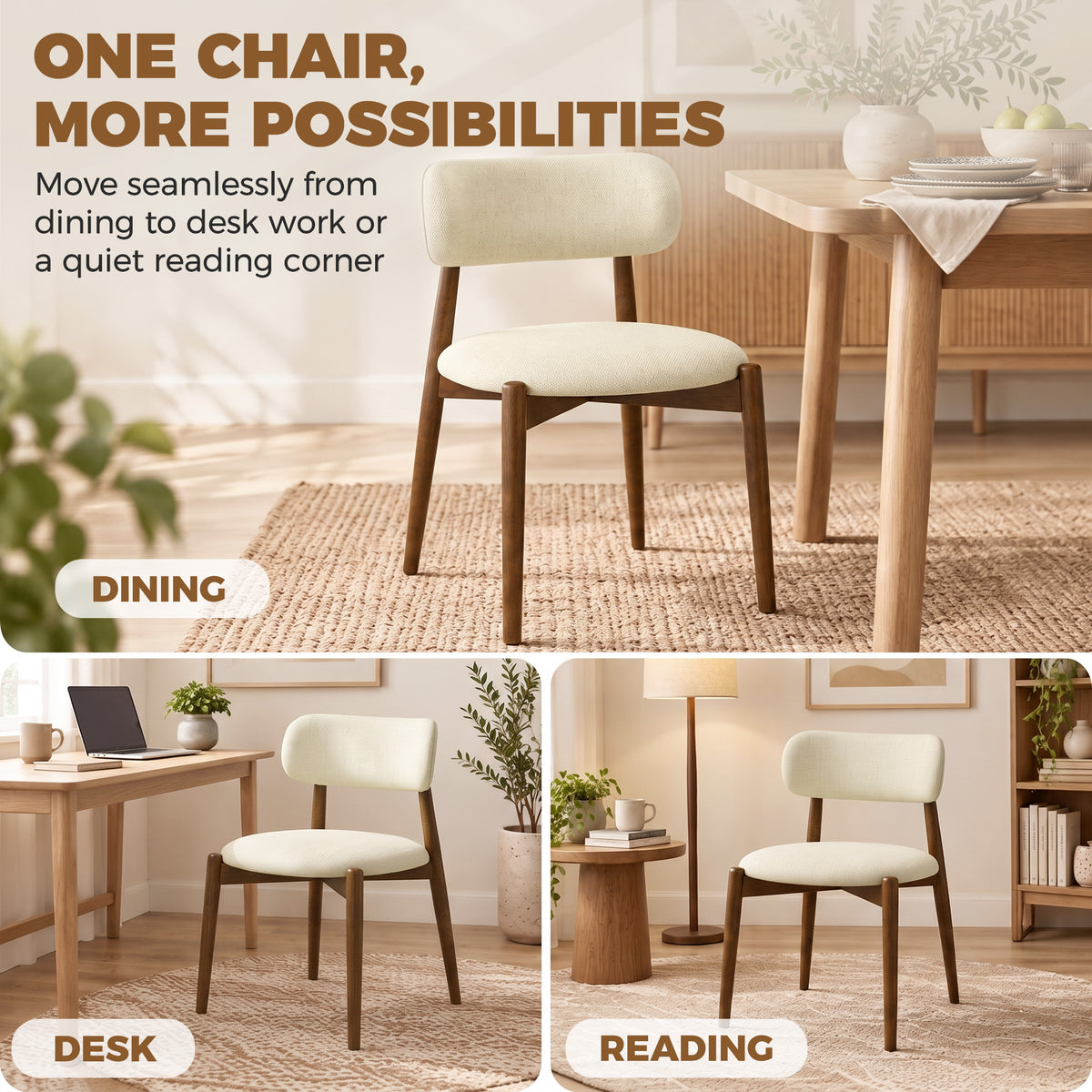 Lot de 2 Chaises Salle à Manger, Chaises de Cuisine en Chenille avec Dossier Incurvé, Assise Rembourrée, Beige-7