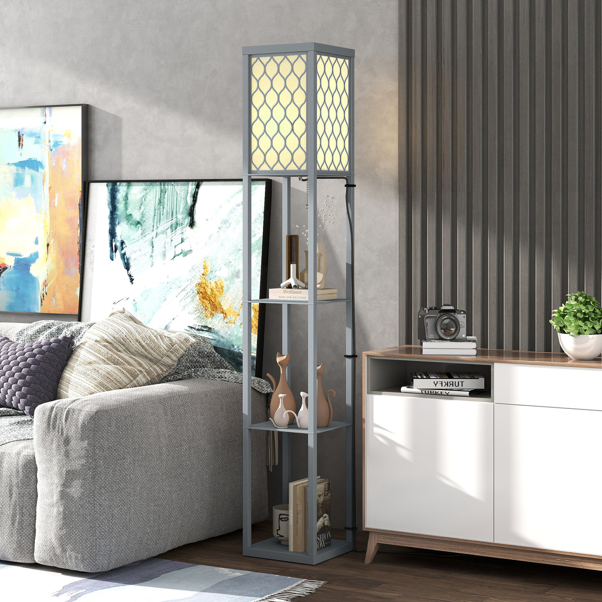 Lampadaire avec étagères, lampadaire sur pied de salon 3 niveaux, interrupteur à tirette 26 x 26 x 160 cm, gris et blanc-7