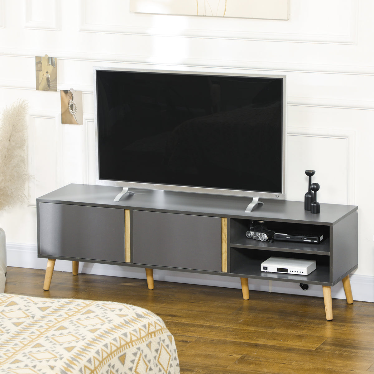 Meuble TV pour télévision jusqu'à 55 pouces scandinave 2 portes 2 niches avec passe-câbles 150 x 35 x 45 cm gris foncé-9