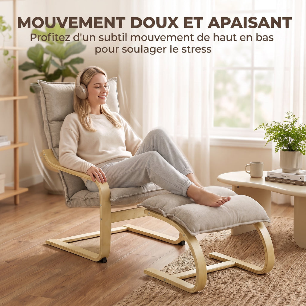 Fauteuil de Salon avec Repose-Pied, Fauteuil d'Appoint en Lin, Assise Large, Dossier Haut, Bascule Douce, Beige-3