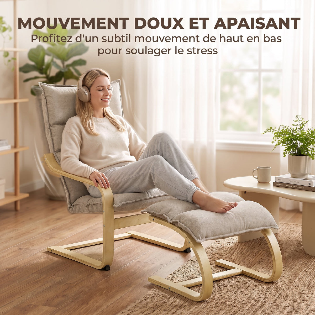 Fauteuil de Salon avec Repose-Pied, Fauteuil d'Appoint en Lin, Assise Large, Dossier Haut, Bascule Douce, Beige-3