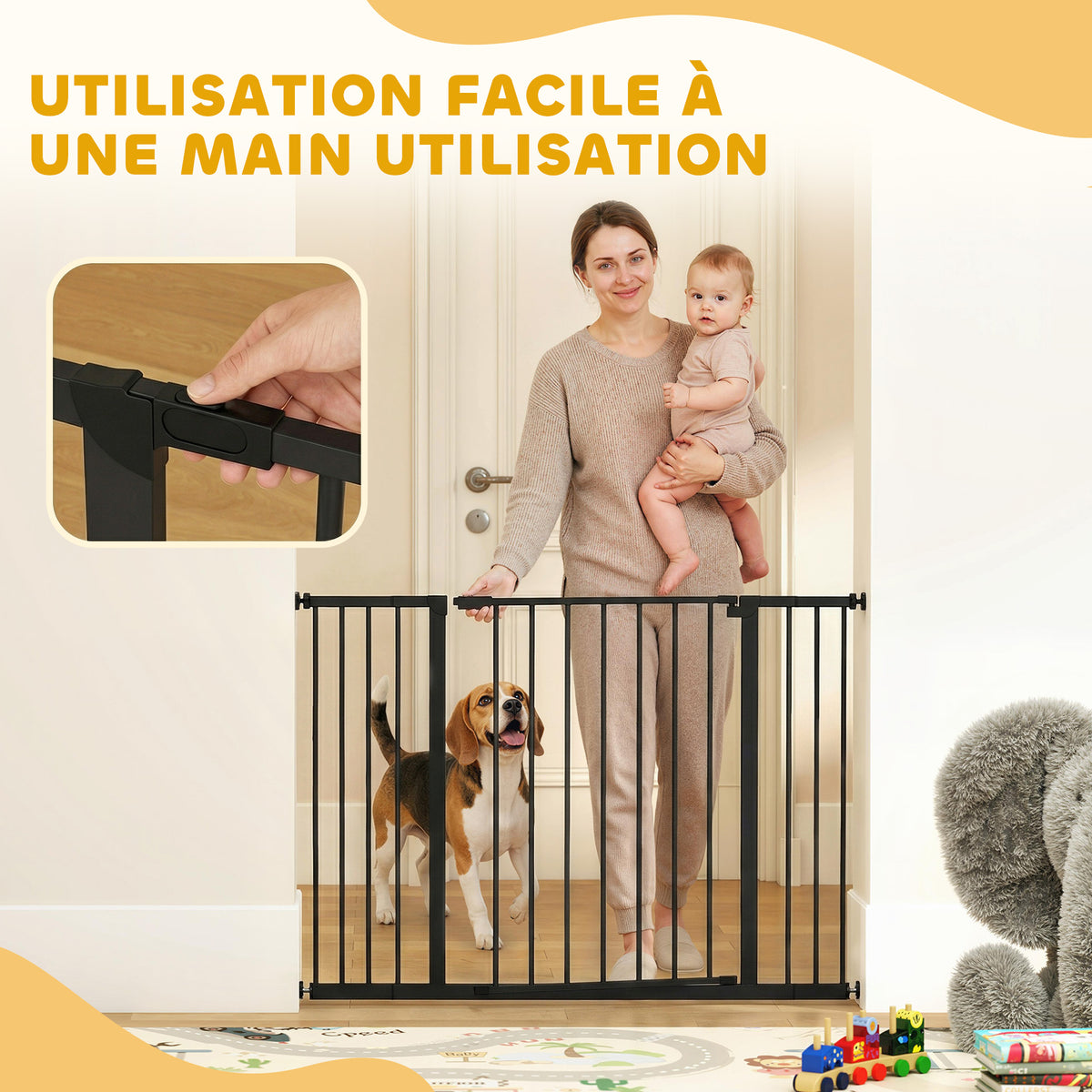 Barrière de Sécurité Chien Réglable 76-107 cm, avec 2 Rallonges (10/15 cm), Ouverture d'une Main, sans Perçage, Noir-6