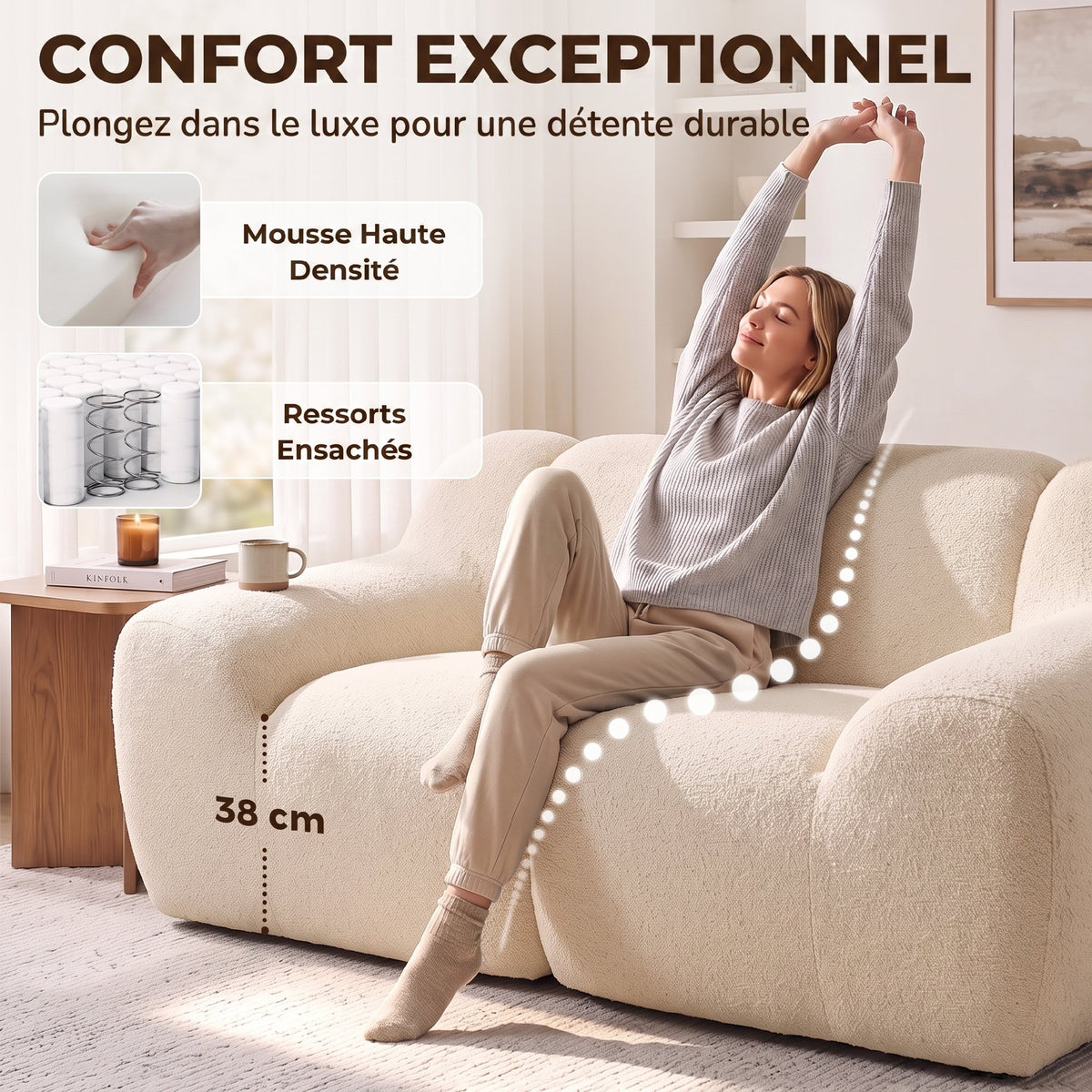 Canapé 2 Places en Chenille, Canapé de Salon 174cm, Assise et Accoudoirs Larges Rembourrés, Entièrement Compressé, Beige-3