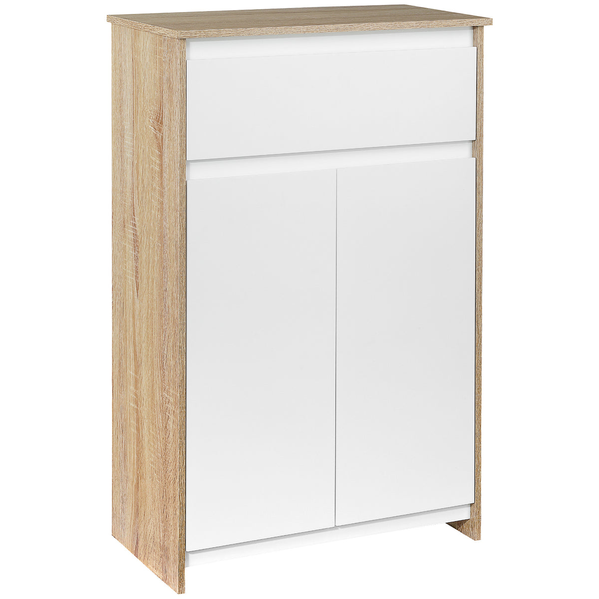 Meuble de salle de bain, meuble de rangement, tiroir et placard double porte, 60x30x90cm, blanc et effet bois naturel-0