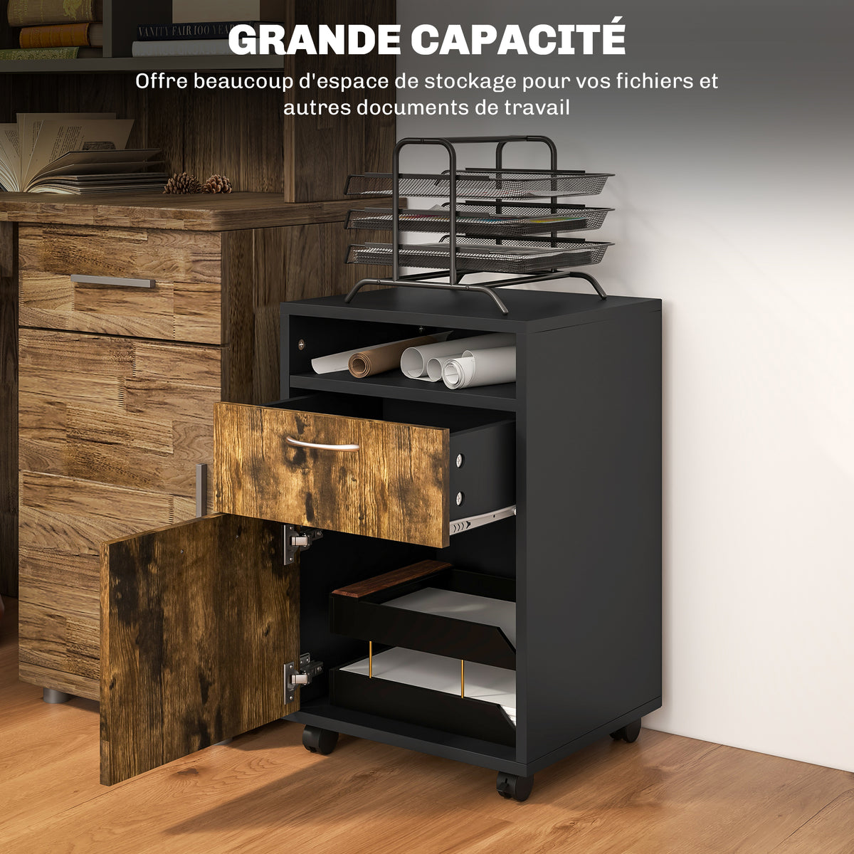Caisson de bureau à roulettes avec tiroir placard niche pour documents et dossier suspendu 40 x 35 x 60 cm brun rustique-3