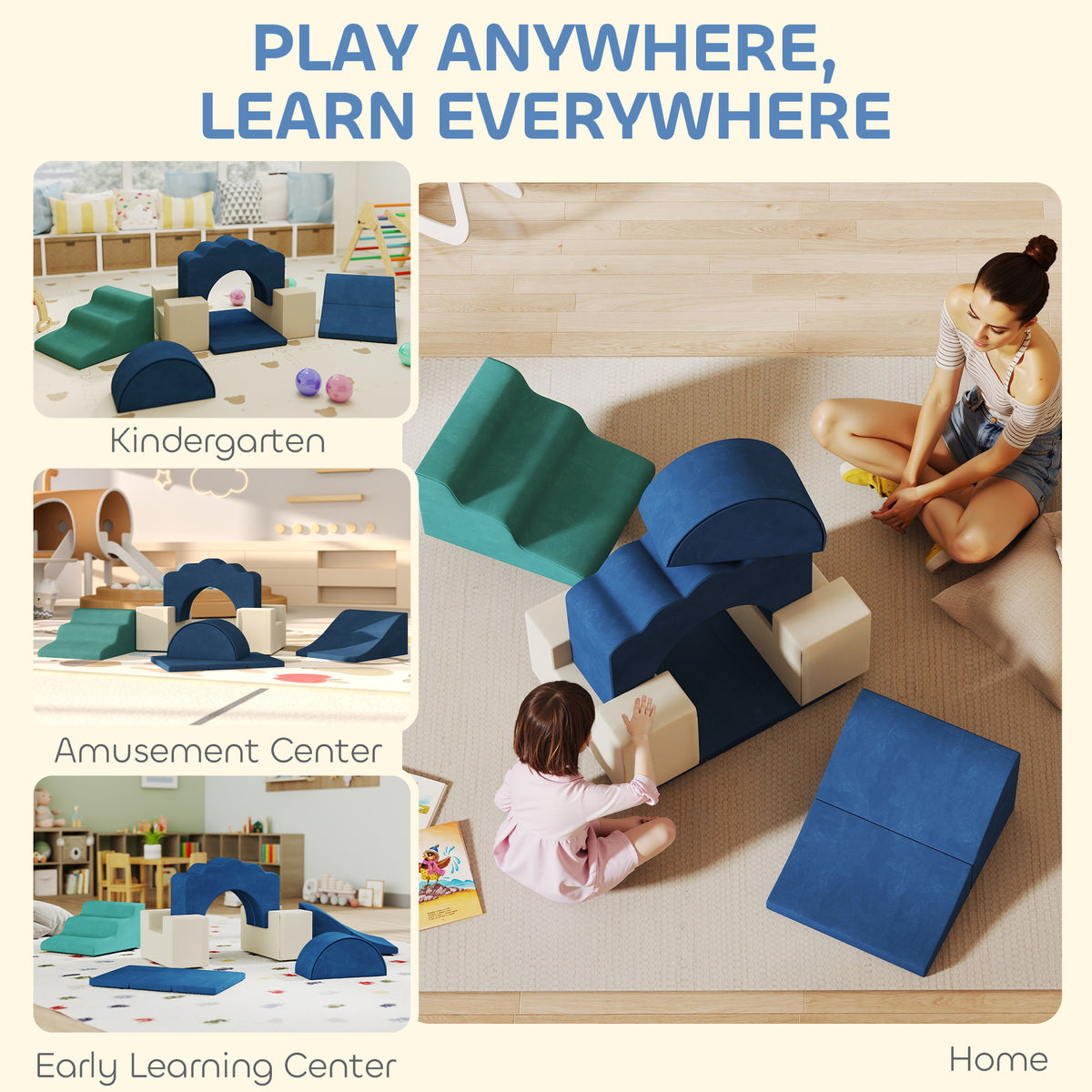 Parcours motricité bébé 7PCS, module en mousse avec housse en velours et base antidérapante, bleu-7