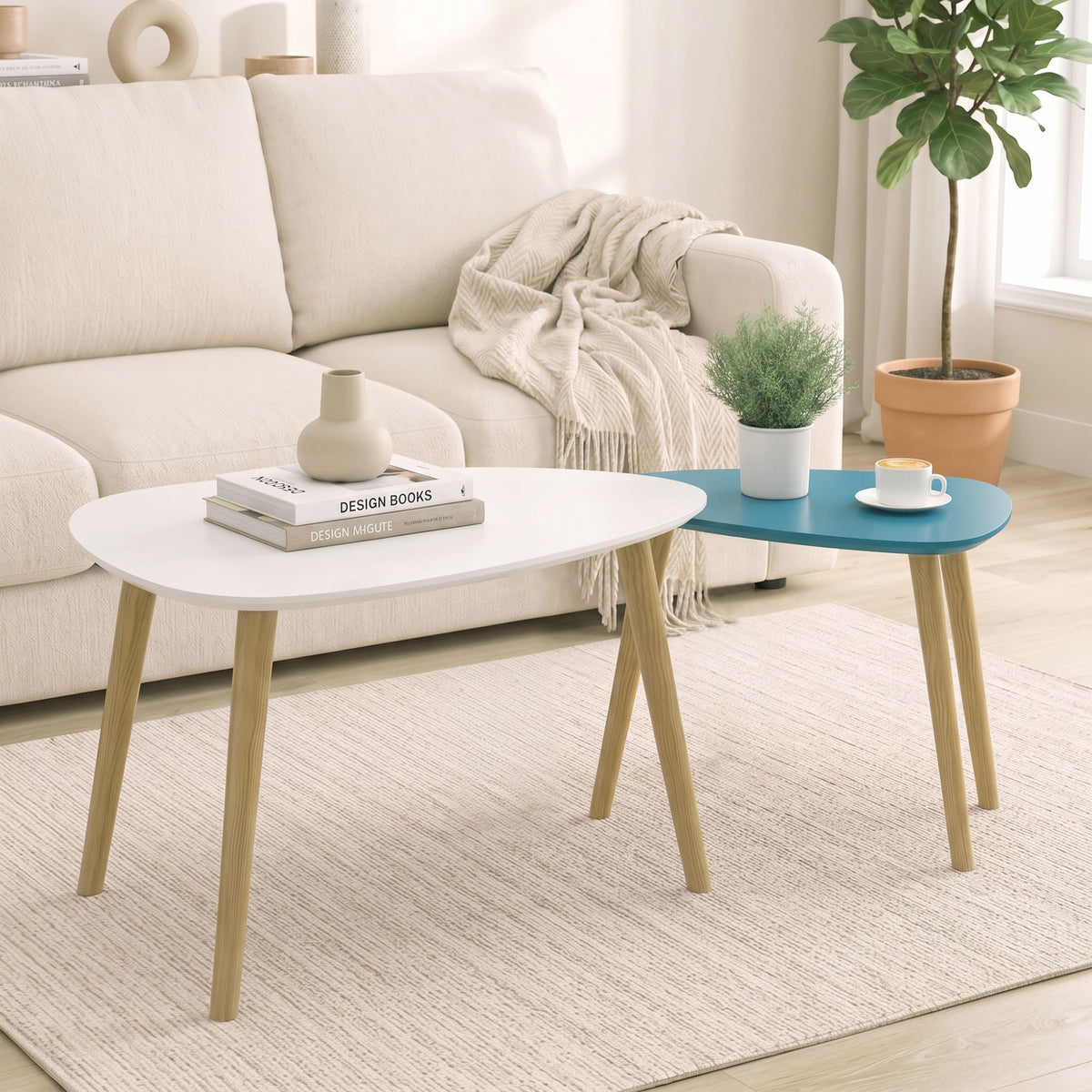 Lot de 2 tables basses gigognes design scandinave pieds en bois et plateau en bois, blanc et bleu-1
