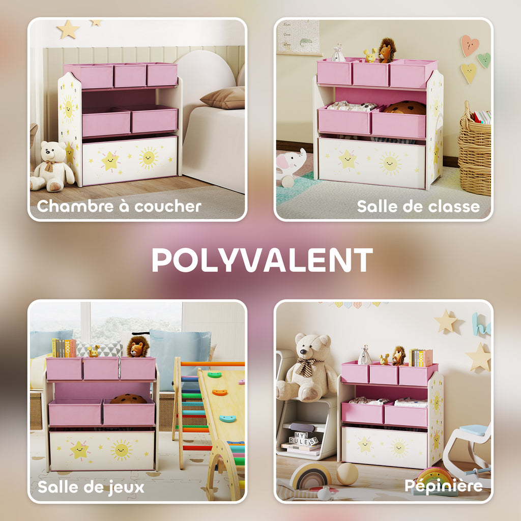 Meuble rangement enfant à 3 niveaux, étagère de rangement pour jouets enfants avec 6 boîtes en tissu amovibles, rose-6