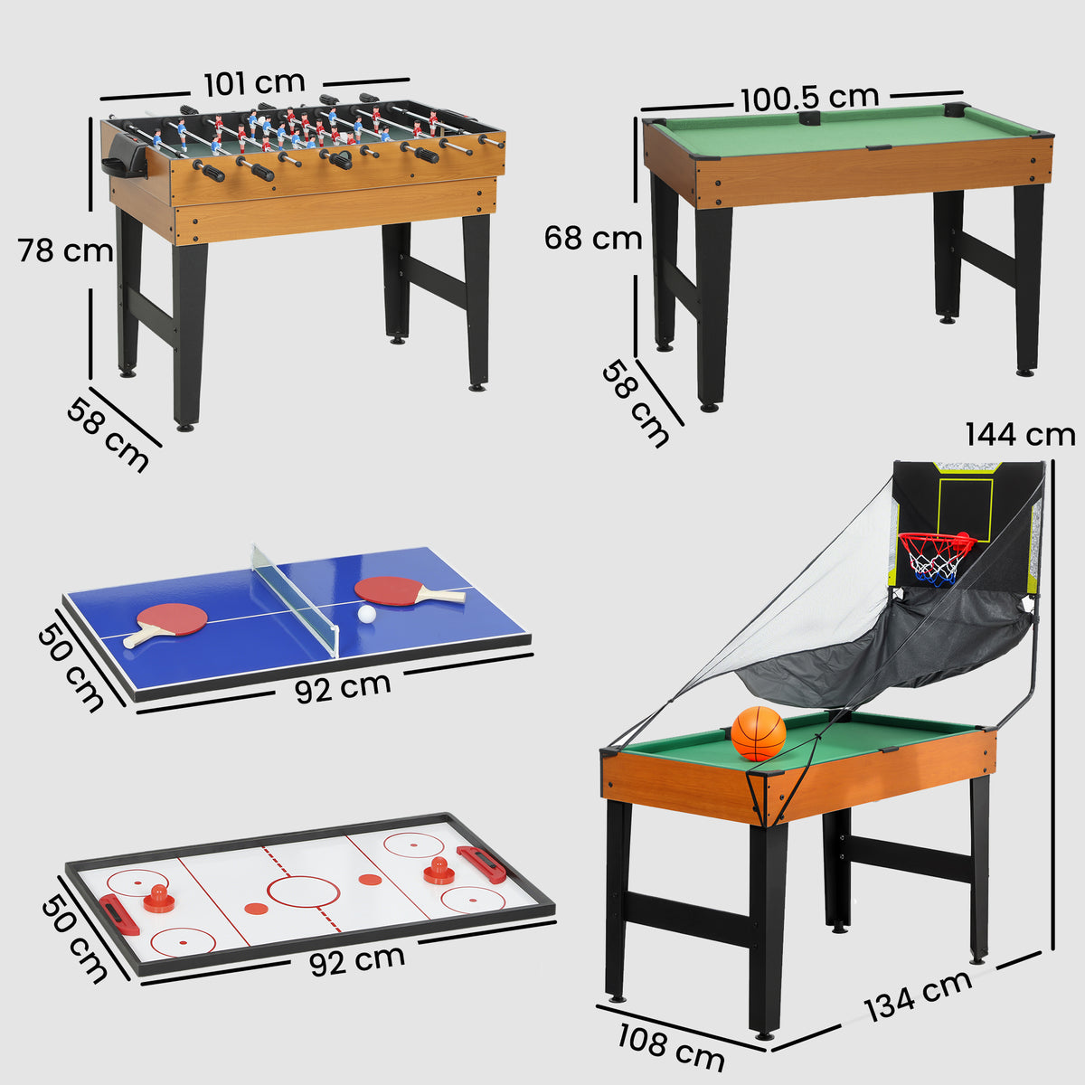 Table MultiJeux 5 en 1 Babyfoot Billard Air Hockey Ping-Pong et Basket Accessoires 134x108x144cm Marron Noyer-2