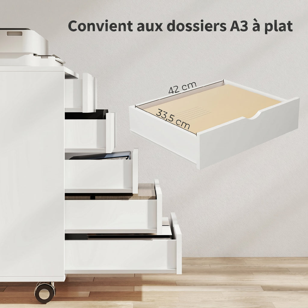 Caisson bureau mobile avec 5 tiroirs, meuble rangement bureau à roulettes pour documents A3/Lettre/A4, blanc-4