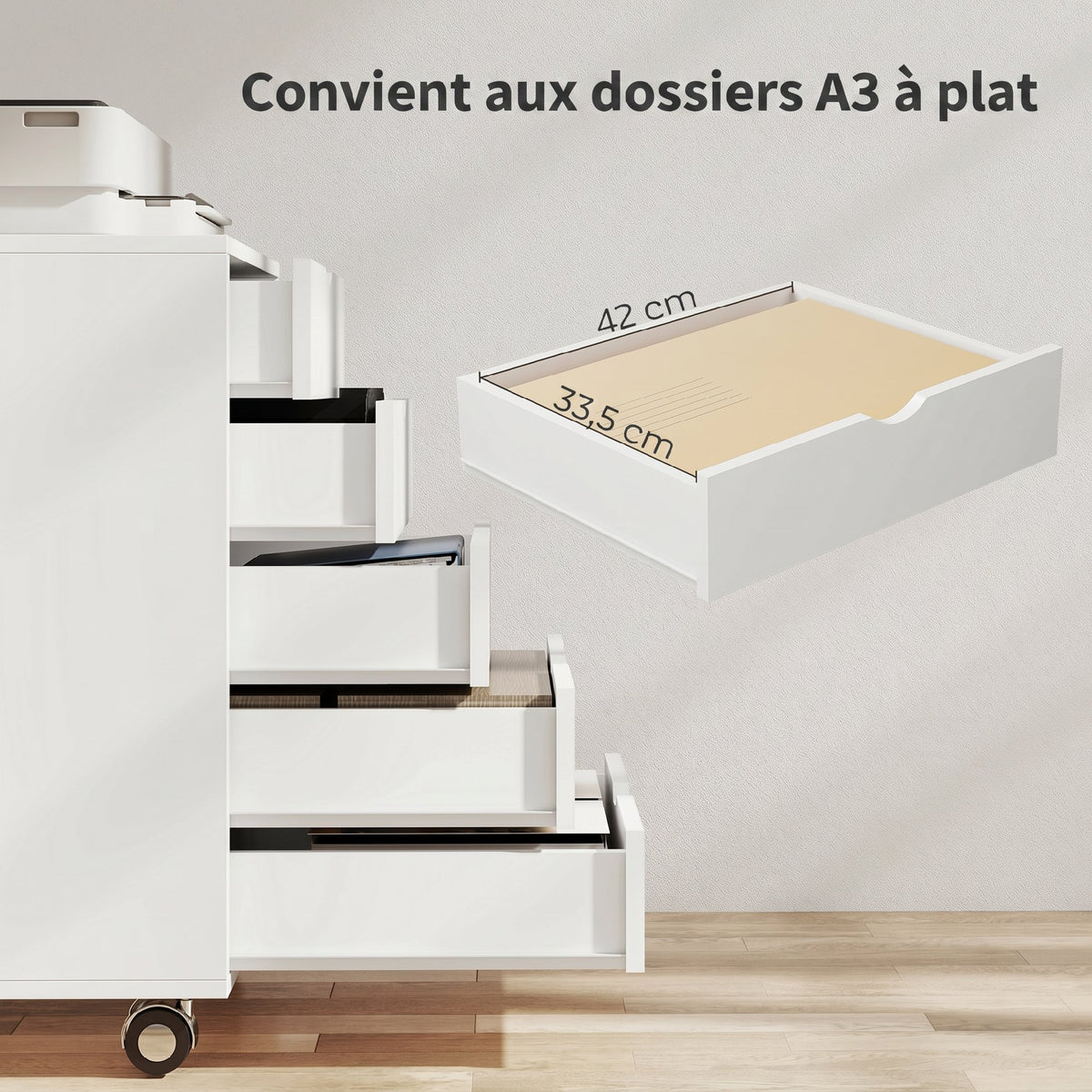 Caisson bureau mobile avec 5 tiroirs, meuble rangement bureau à roulettes pour documents A3/Lettre/A4, blanc-4