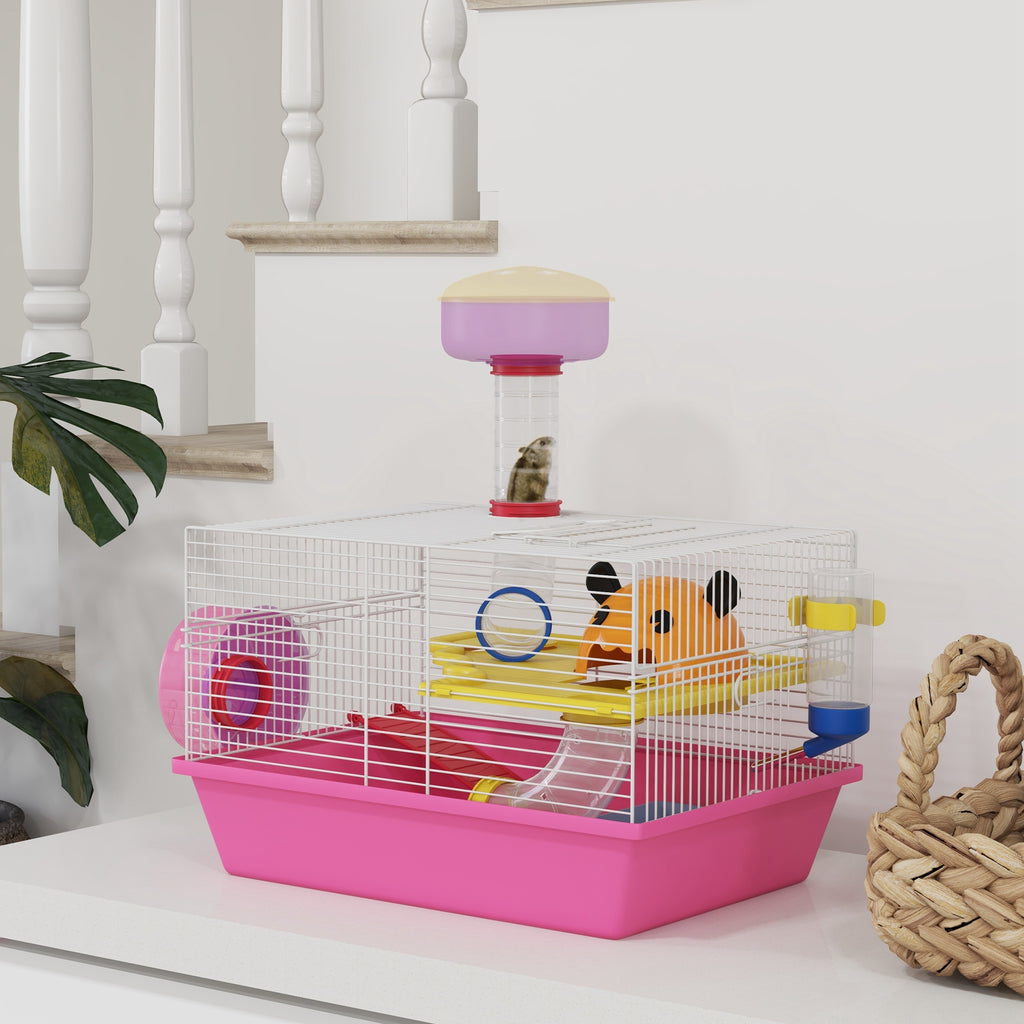 Cage à hamster rat rongeur multicolore avec plateforme, biberon eau, roue, maisonnette, 34 x 27 x 25 cm, rose-9