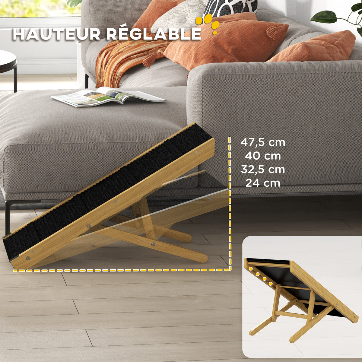 Rampe pliable pour chiens en bois facile à transporter, 4 hauteurs, 83,5 x 35 x 47,5 cm, bois naturel-4