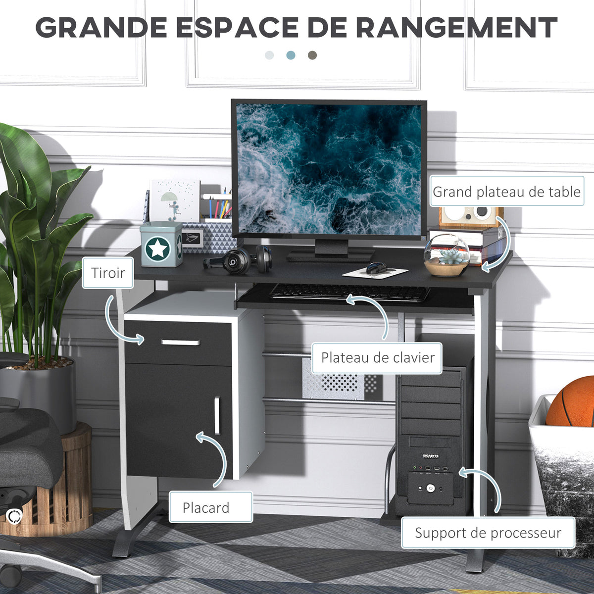 Bureau informatique design en mdf 100 L x 52 I x 75H cm noir et blanc-3