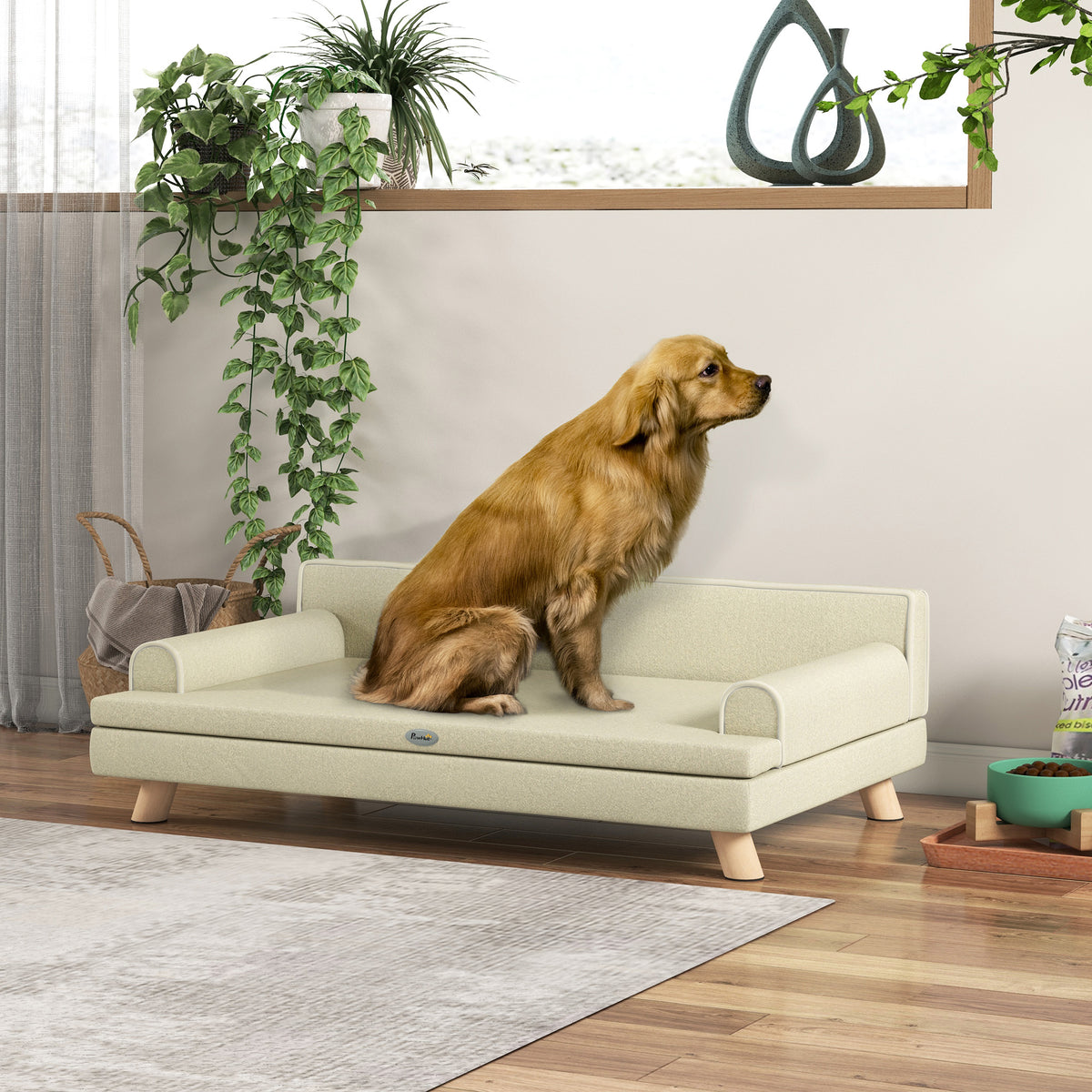 Canapé pour chien chat design scandinave coussin moelleux amovible pieds bois massif 100 x 62 x 32 cm beige-9