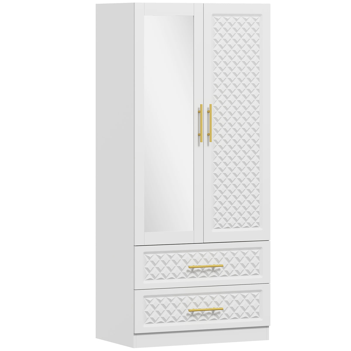 Armoire chambre penderie avec miroir, 2 tiroirs, 2 portes et barre de suspension, 80 x 50 x 180 cm, blanc-0