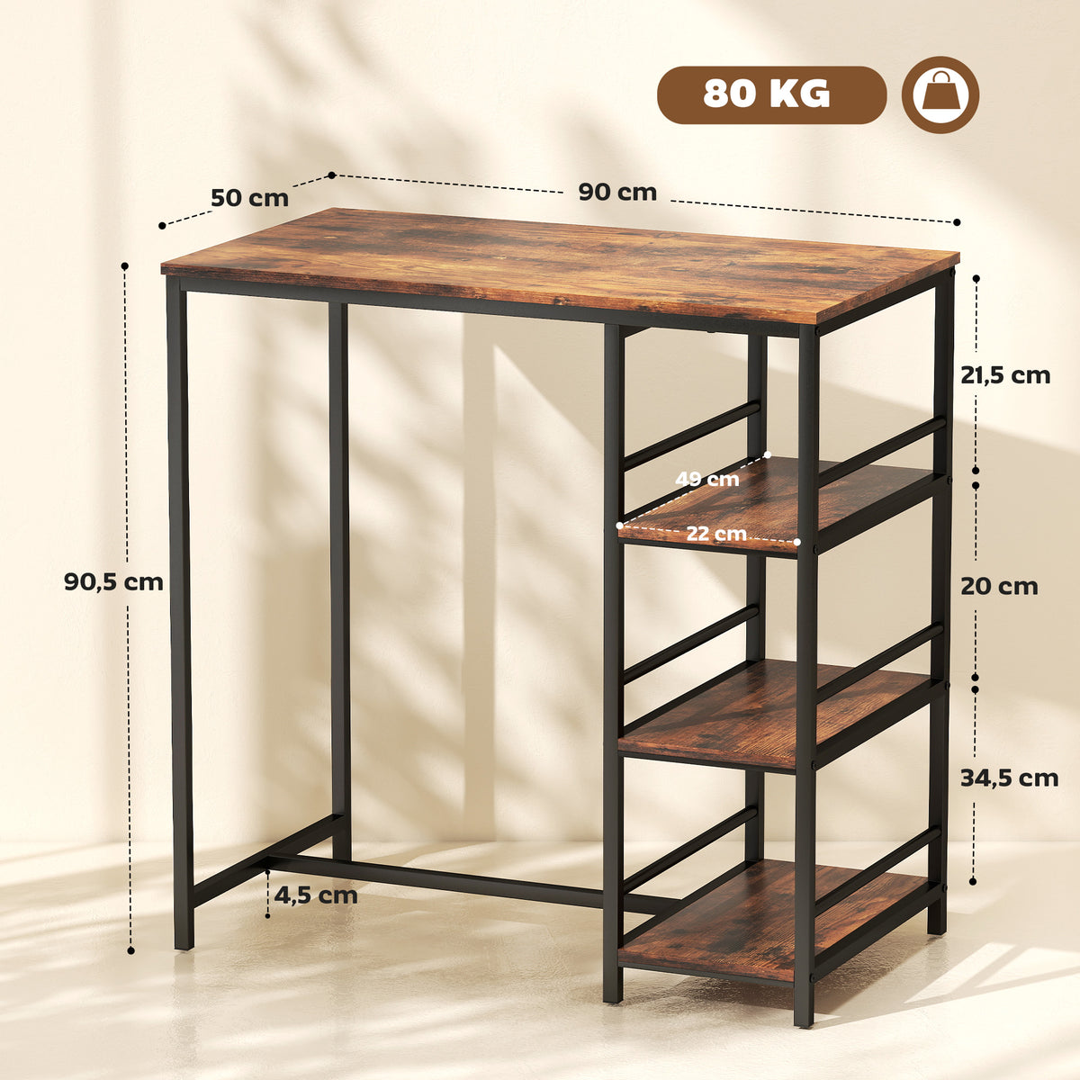 Table de bar mange-debout avec 3 étagères de rangement et cadre en acier, 90 x 50 x 90,5 cm, brun rustique, noir-2