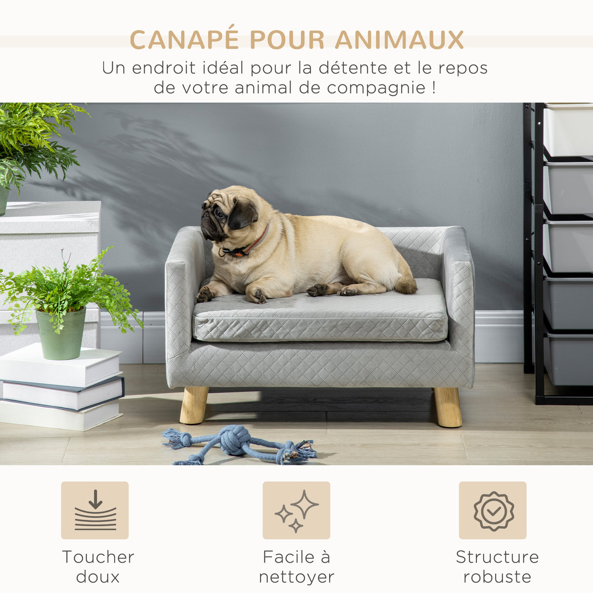 Canapé chien lit pour chien design scandinave coussin moelleux pieds bois massif dim. 64 x 45 x 36 cm velours gris-3