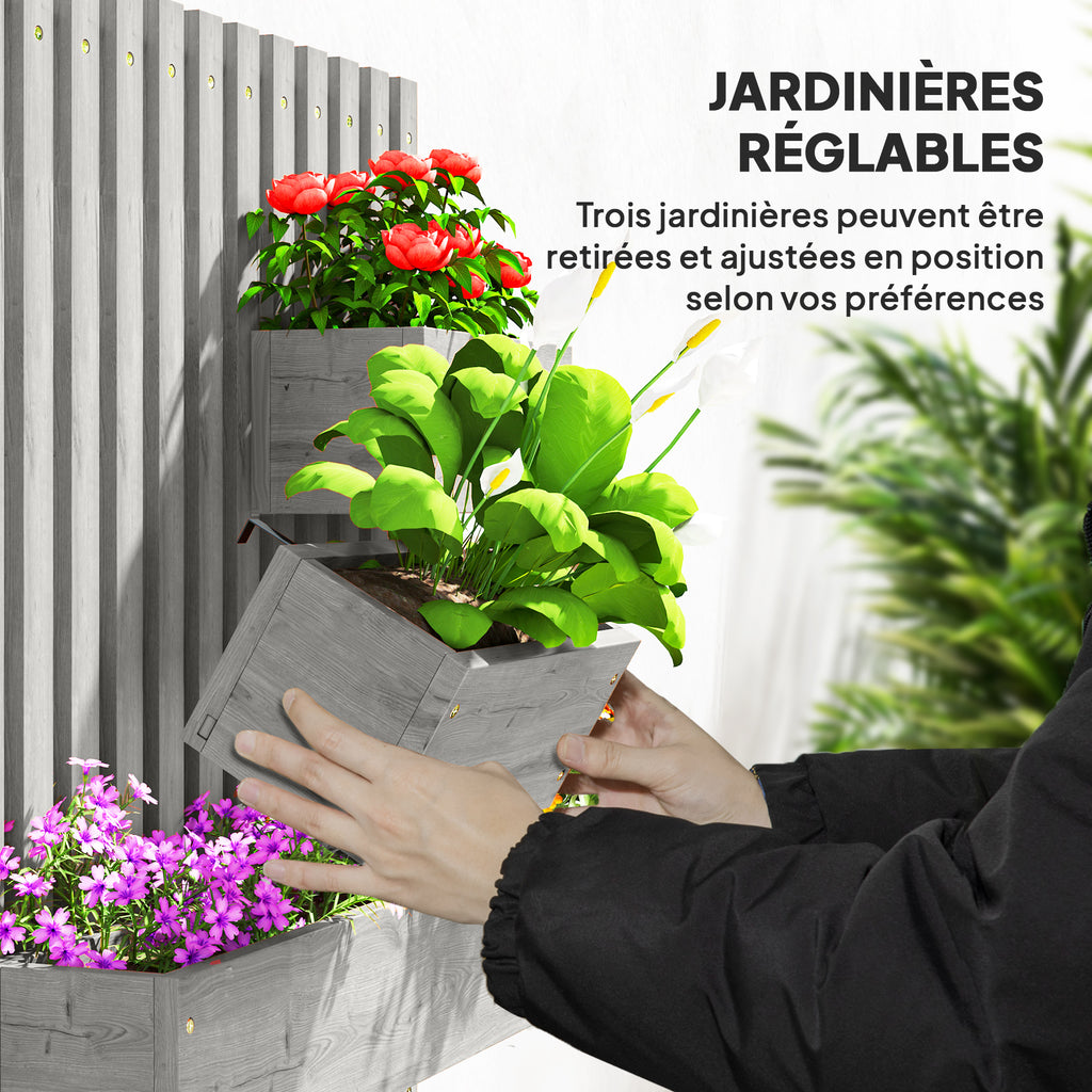 Jardinière murale potager avec 3 bacs en bois massif amovibles, tissu non tissé, 60 x 16 x 80 cm gris-4