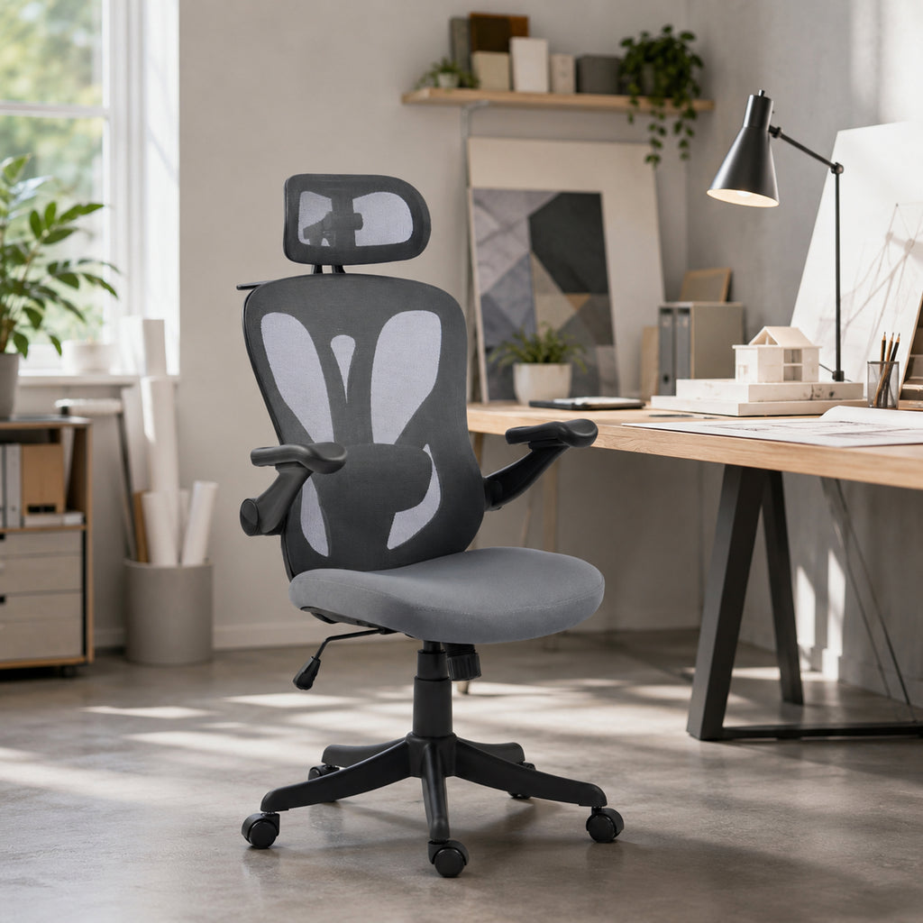Chaise Bureau Ergonomique avec Accoudoirs 3D et Appui-Tête 2D, Fauteuil de Bureau en Maille, Support Dorsal, Gris-9
