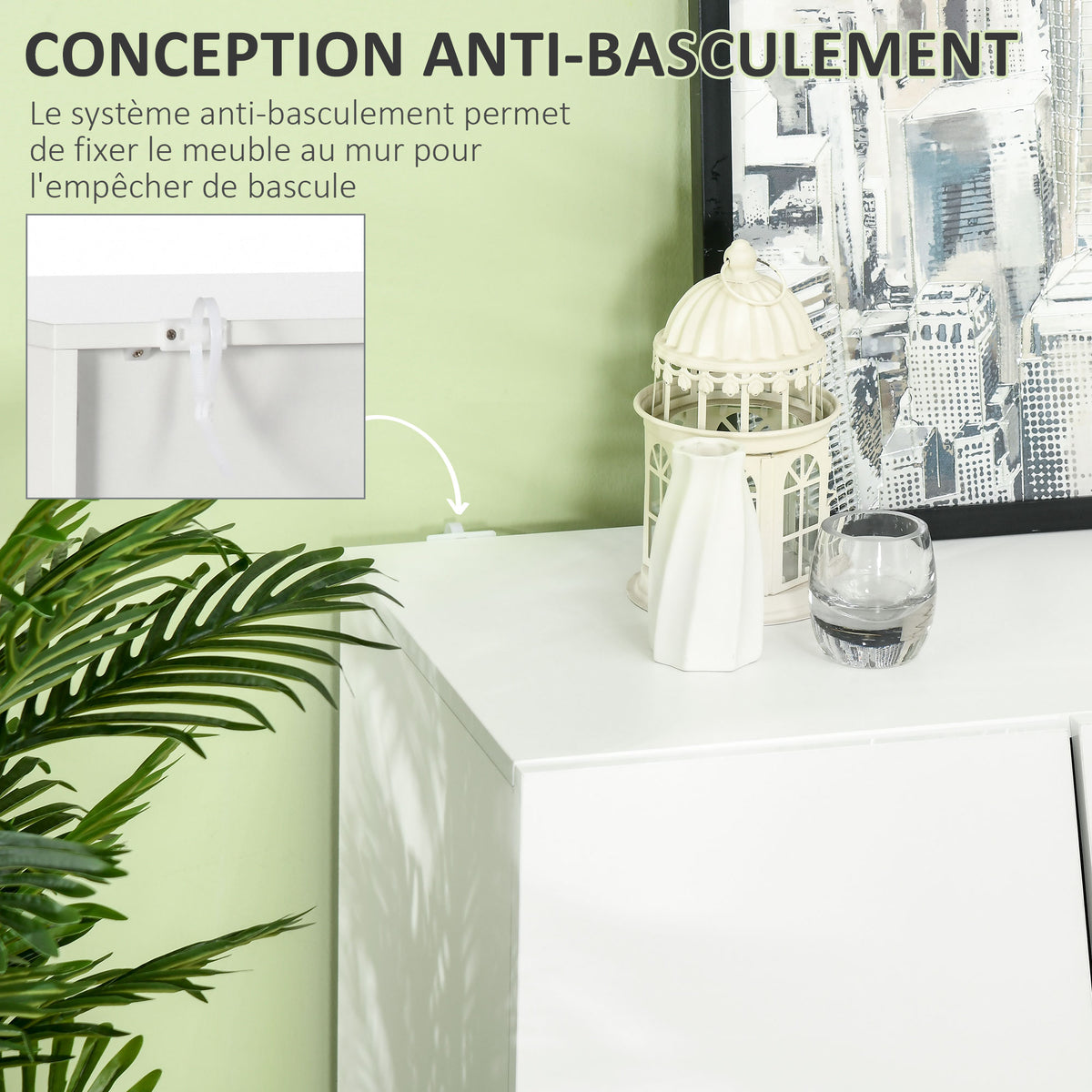 Meuble de rangement avec placards à portes et étagère réglable, 150 x 40 x 88 cm, blanc brillant-5