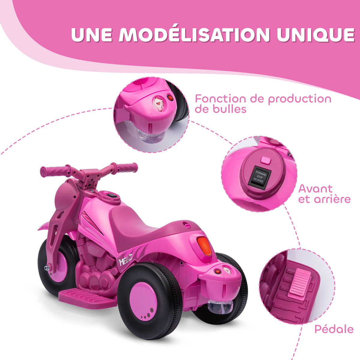 Moto électrique enfants 2-5 ans, 3 roues, 6 V, 3 km/h, avec fonction de bulles, effets lumineux et sonores, rose-5