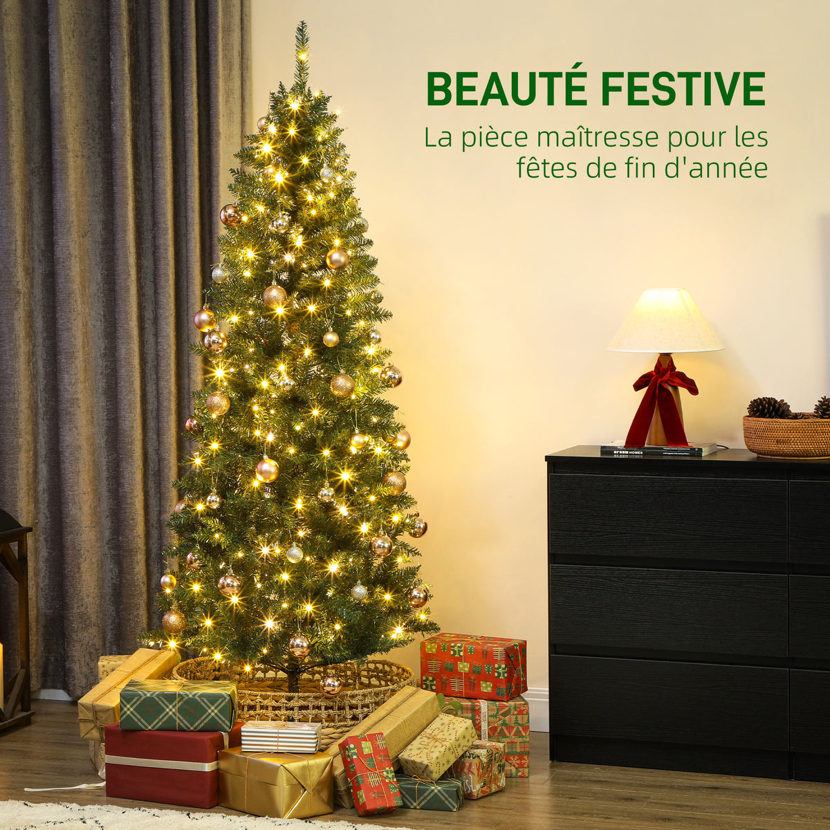 Sapin de Noël artificiel 180 cm, arbre de Noël fin avec 250 lumières, 899 pointes, support en métal pliable, vert-3