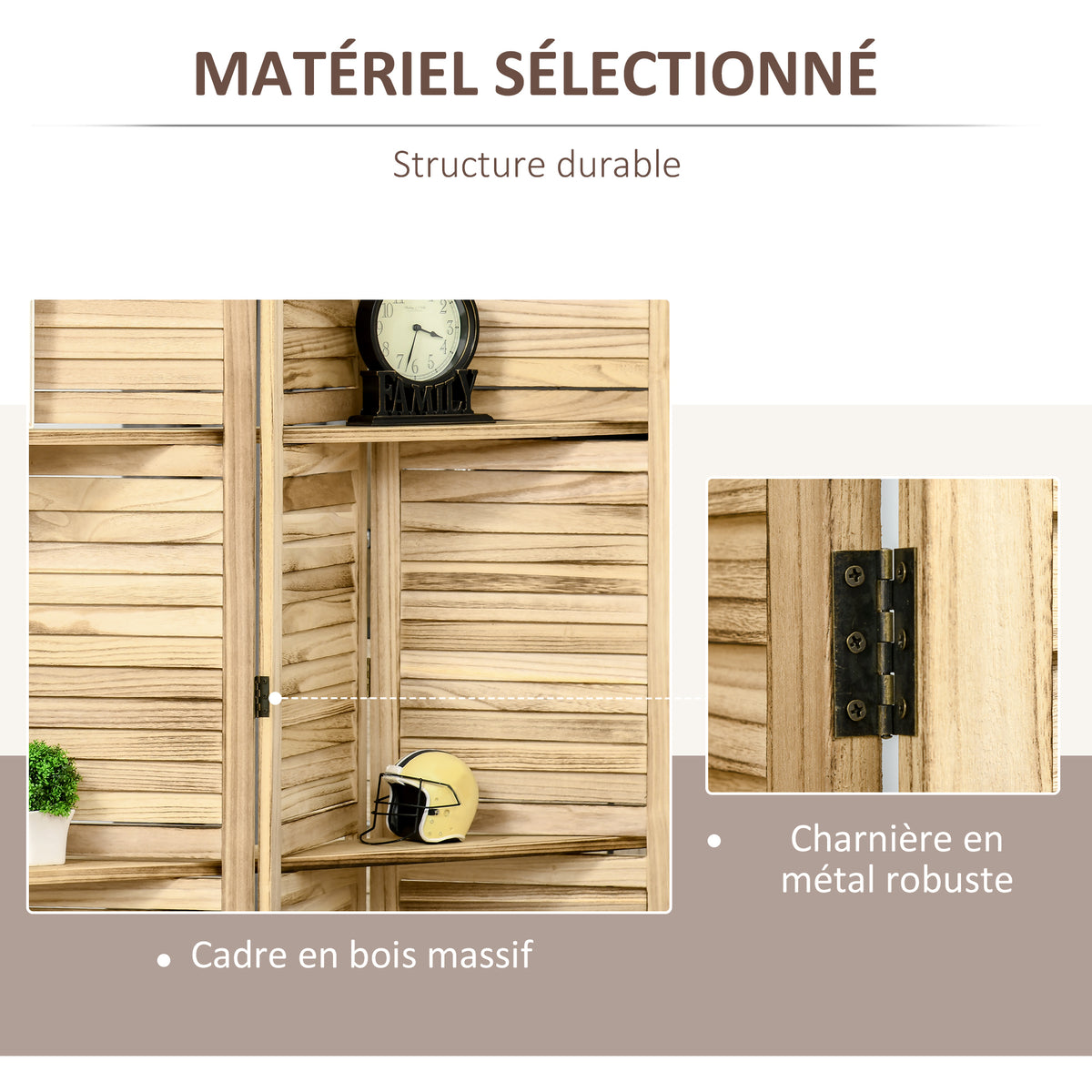 Paravent intérieur 4 panneaux 3 étagères pliables portes persiennes bois de paulownia aspect pin autoclave-4