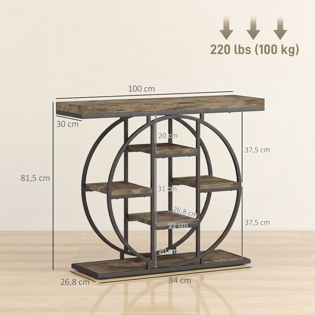 Table Console d'Entrée Meuble d'Entrée Industrielle 6 Étagères Rangement Plateau 4cm 100 x 30 x 81,5cm Marron Rustique-2