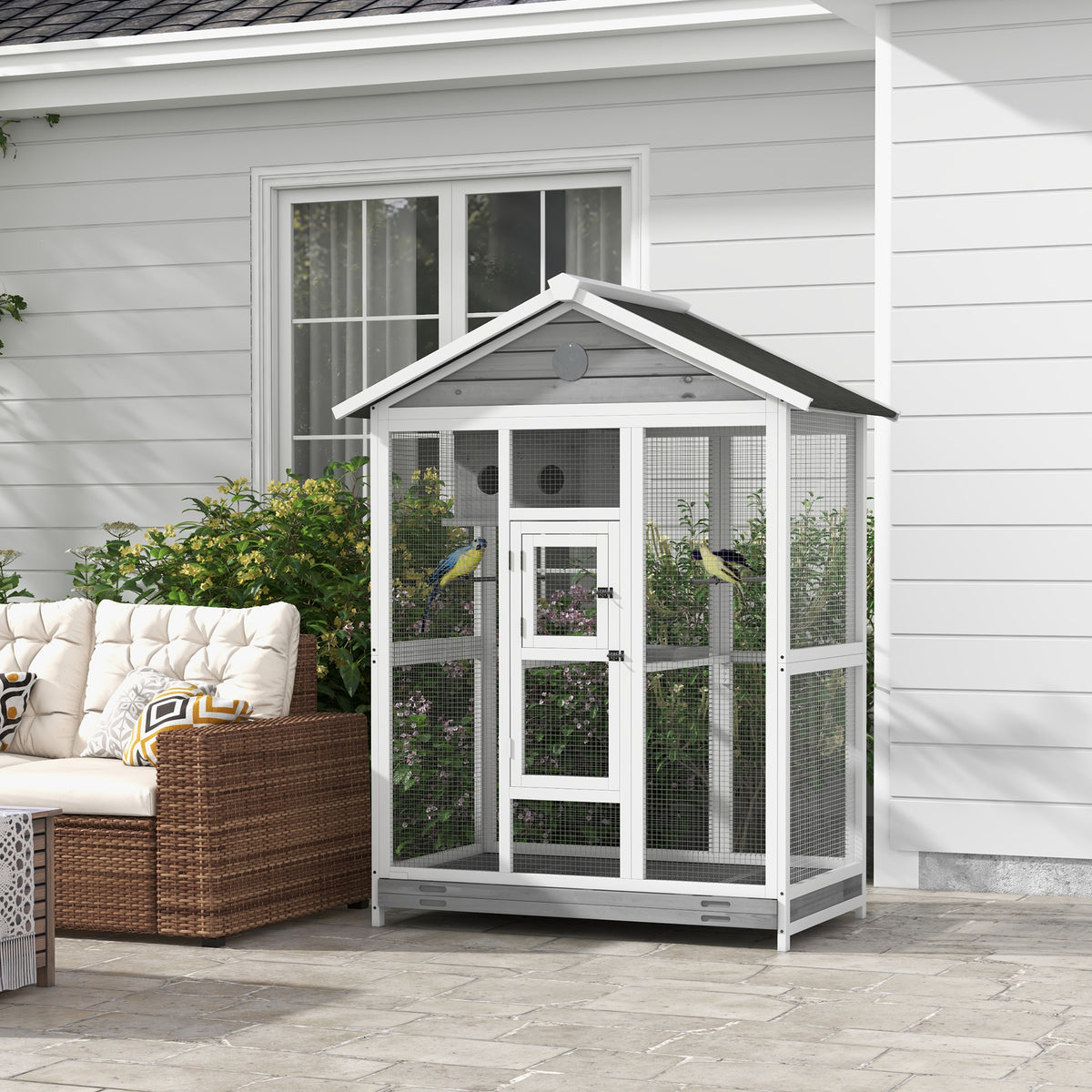 Grande cage oiseau volière à oiseaux intérieur exterieur, 4 perchoirs 112 x 68 x 154 cm gris-1
