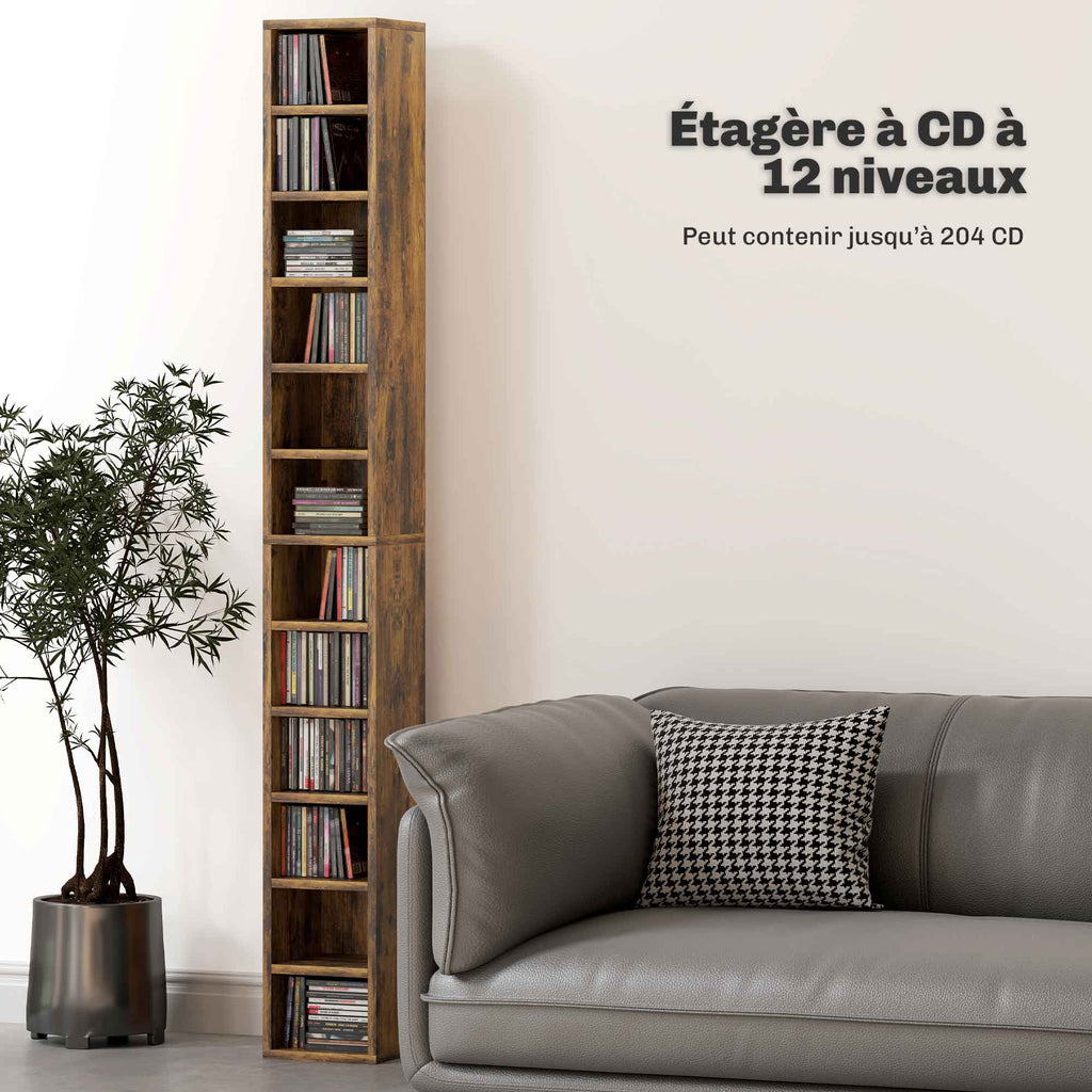 Rangements pour CD et DVD avec 12 compartiments, capacité max. 204 CD, 21 x 20 x 175 cm, brun rustique-3