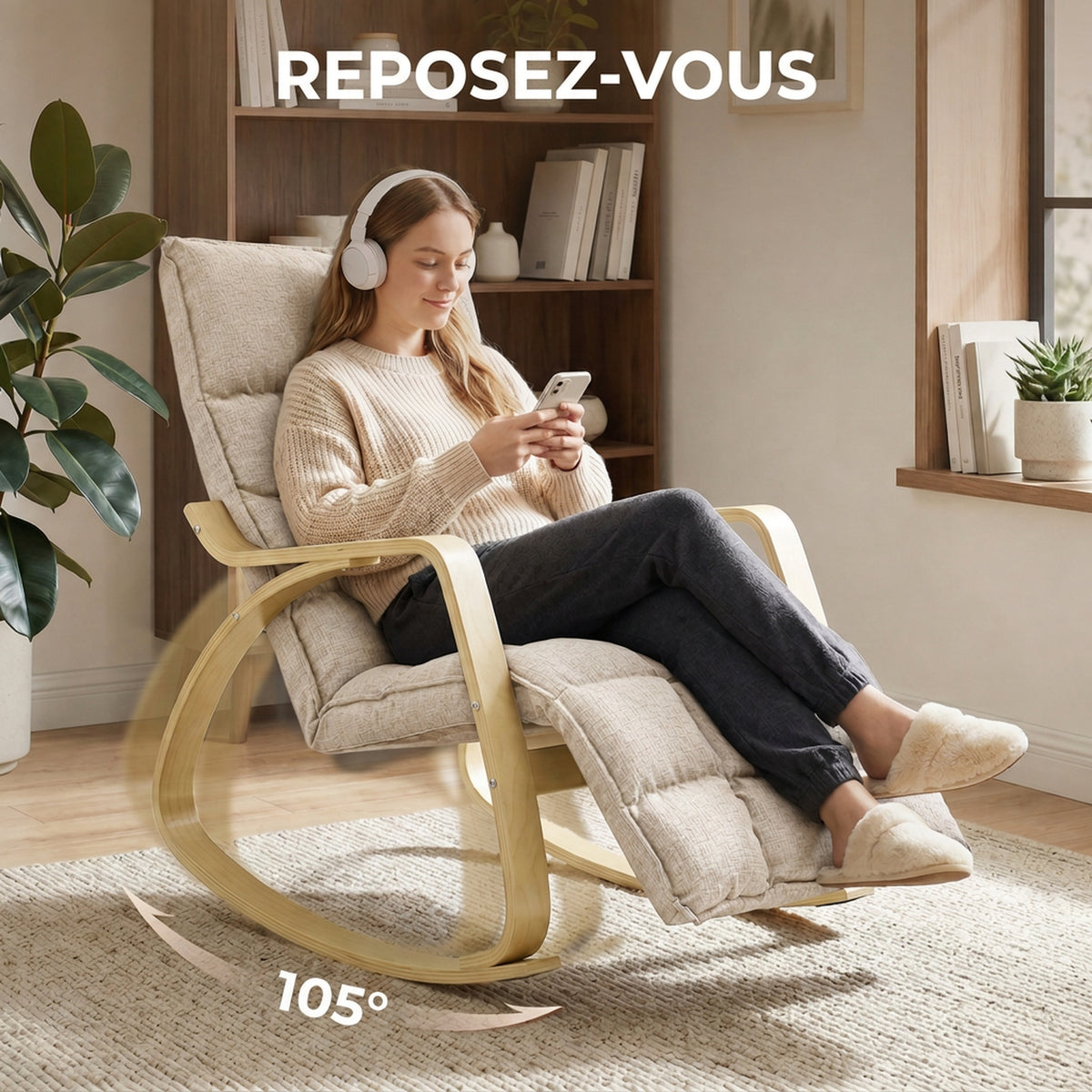 Fauteuil à Bascule avec Repose-Pieds Ajustable, Rocking Chair avec Pieds en Bois de Bouleau, 67x93x105cm, Marron Clair-3