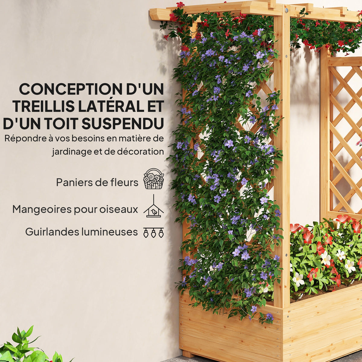 Jardinière surélevée avec treillis latéral et supérieur, bac à fleurs trous de drainage, 110x44x113cm, bois naturel-4