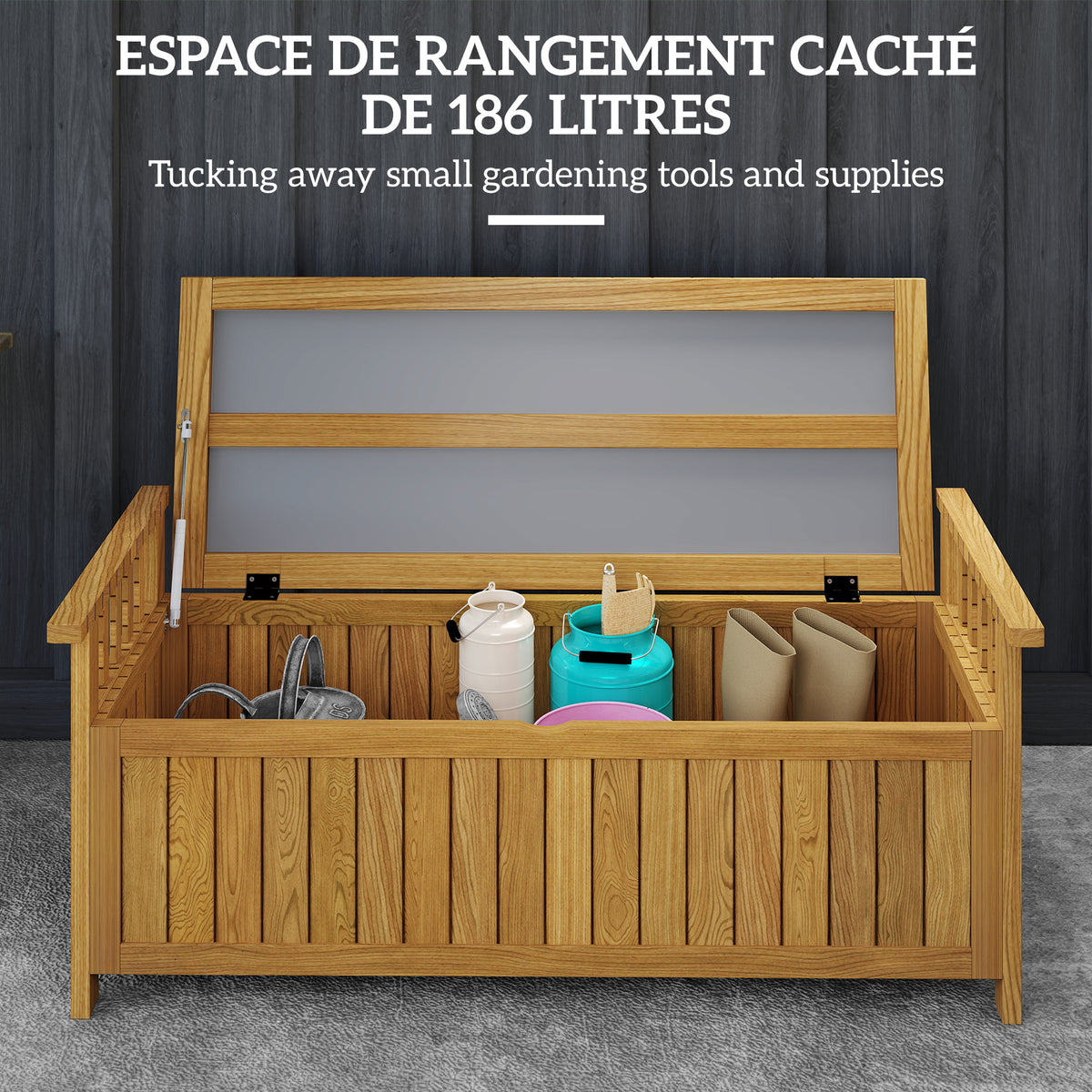 Banc de jardin 2 places en bois avec rangement de 151L banc d'extérieur avec accoudoirs 128,5 x 56 x 53,5 cm marron-4