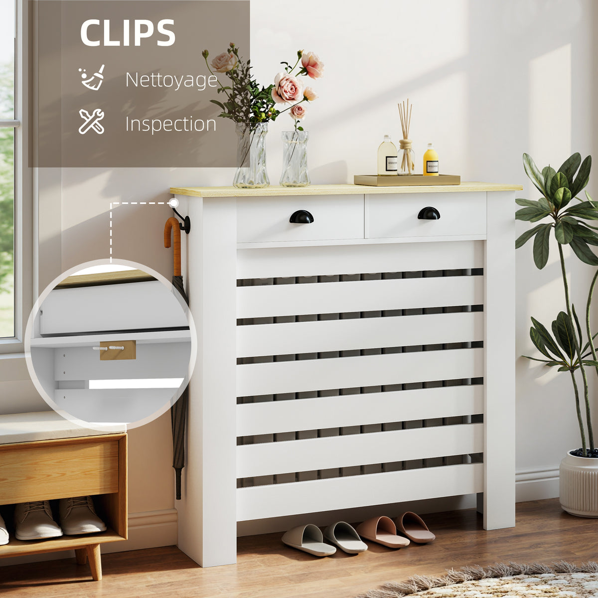 Couvercle de radiateur cache radiateur grille à lattes horizontales avec 2 tiroirs en bois 111l x 19P x 95,5H cm blanc-4