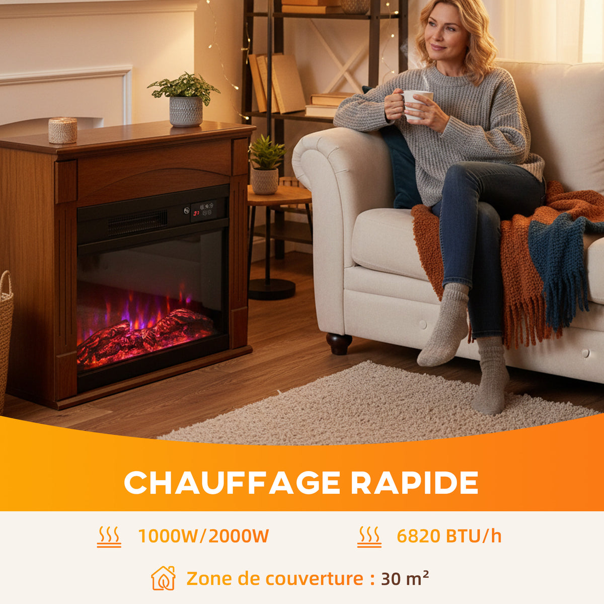 Cheminée électrique 1000W/2000W, fausse cheminée effet flamme 3D à 6 couleurs et 3 luminosités, 68,5x27,5x63cm, marron-4