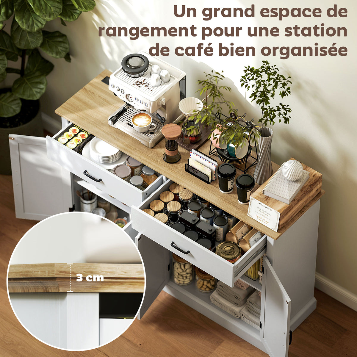 Buffet avec port USB et multiprise meuble TV avec 2 placards à portes de grange, 2 tiroirs et étagères réglables, blanc-4